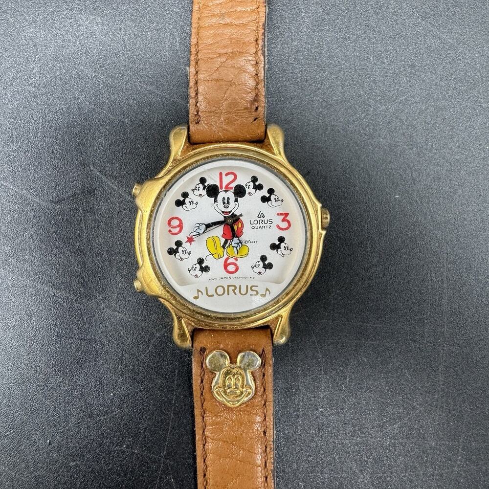 VTG Lorus Disney Watch Mickey Mouse Musical Gold Tone V422-0010 Needs Battery